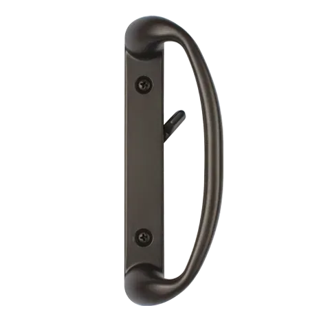 A close up of a door handle on a white background.