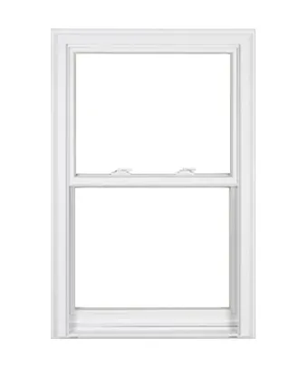 A white double hung window with a white frame on a white background.