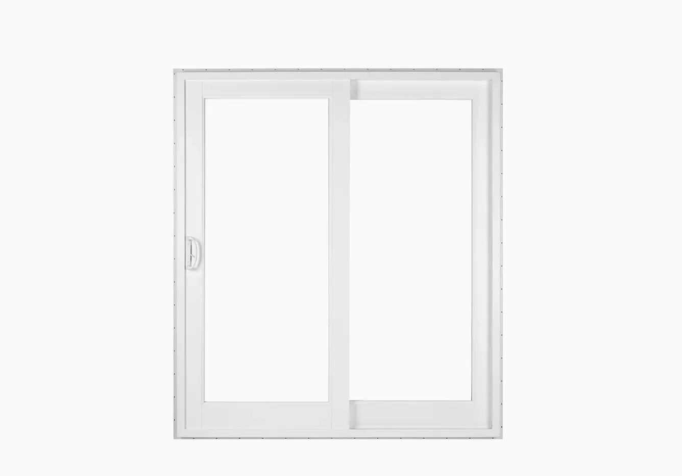 A white sliding glass door on a white background.