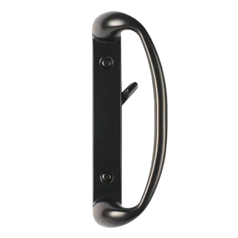 A black door handle with a hook on it on a white background.