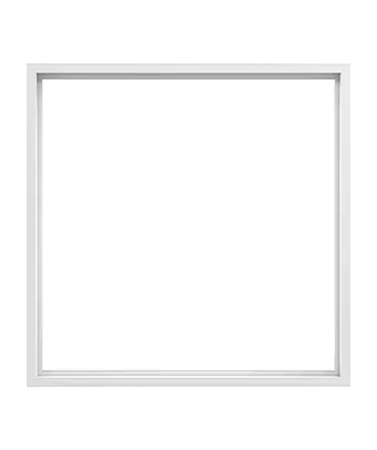 A white picture frame on a white background.