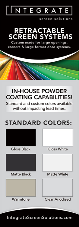 A poster that says retractable screen systems in house powder coating capabilities