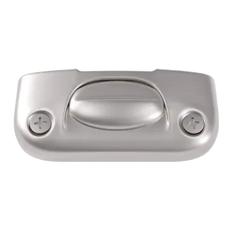 A stainless steel door latch with two screws on a white background.