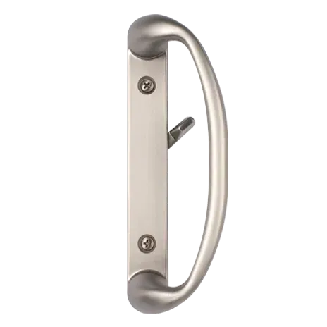 A close up of a sliding glass door handle on a white background.