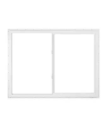 A white sliding window with a screen on a white background.
