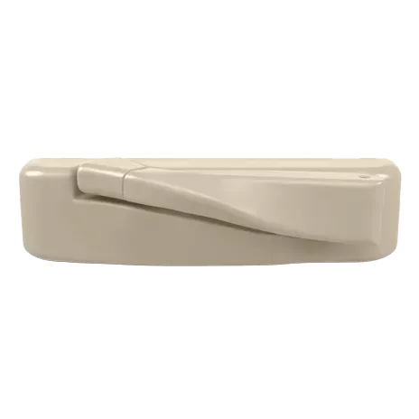 A beige window handle with a white handle on a white background.