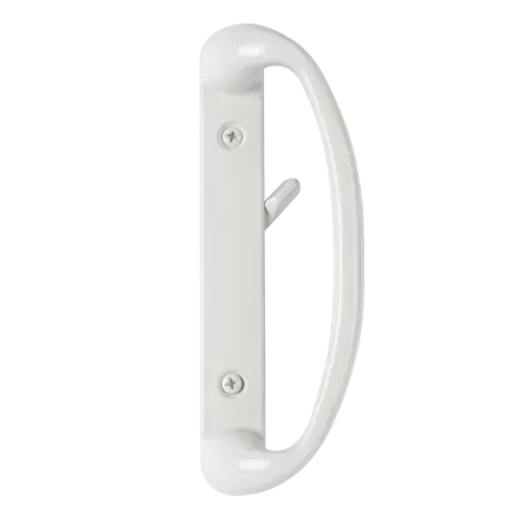 A white sliding glass door handle with a hook on it.