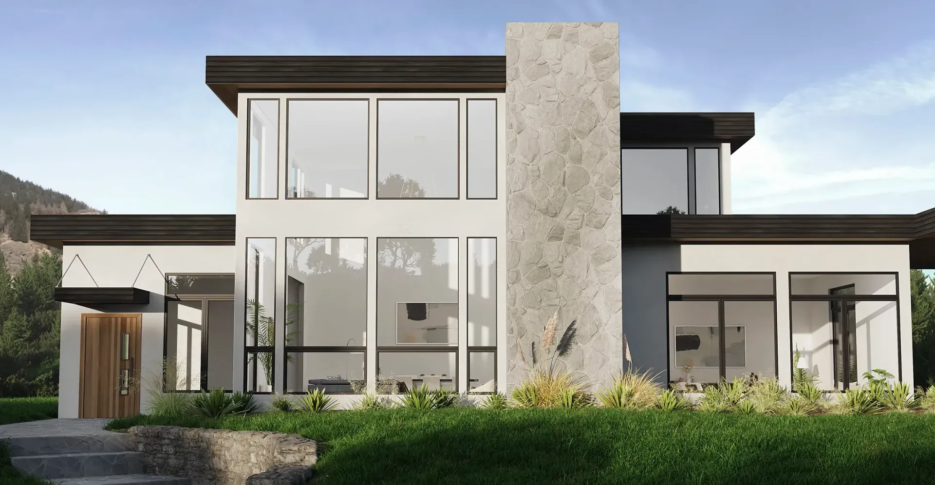 An artist 's impression of a modern house with a lot of windows.