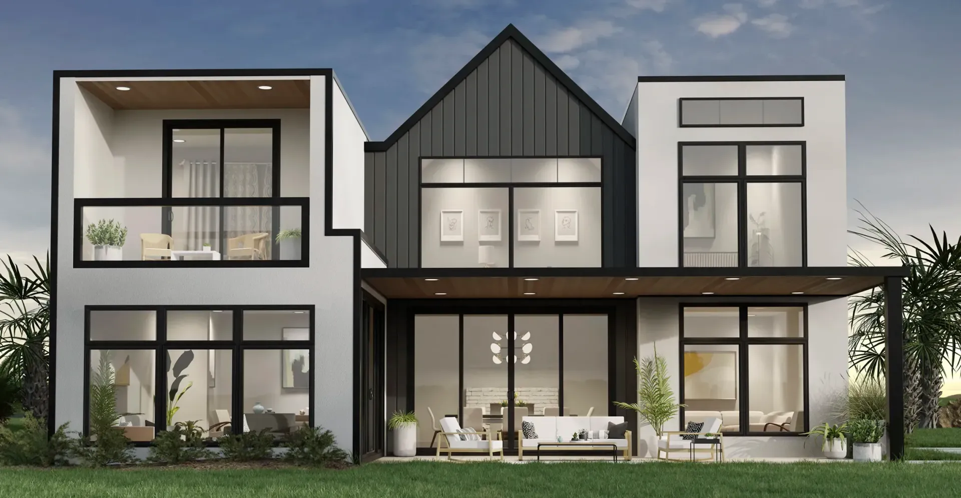 An artist 's impression of a modern house with a black roof and lots of windows.