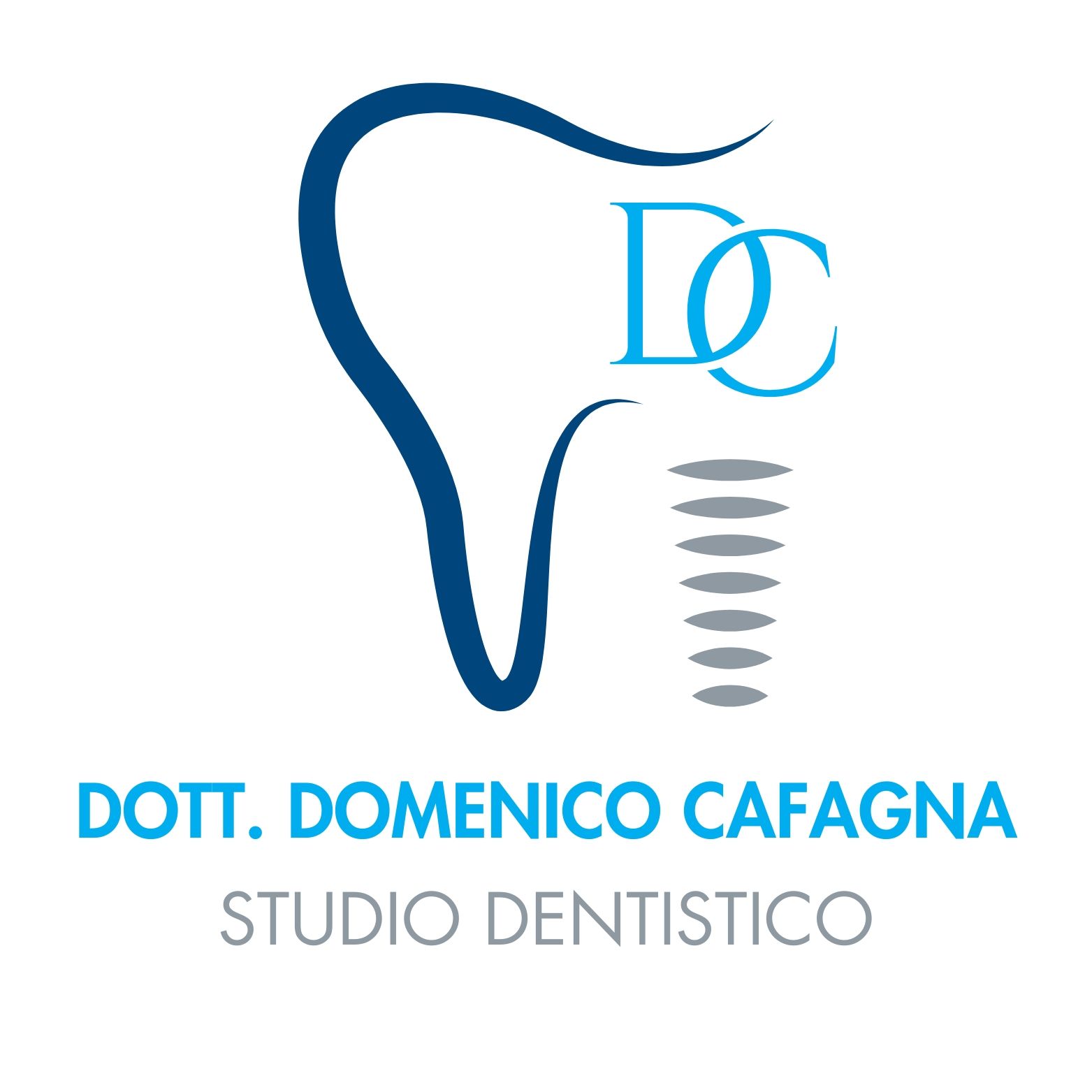 Logo dello studio dentistico del Dott. Domenico Cafagna, caratterizzato dal contorno stilizzato di un dente blu, dalle iniziali DC e da una colonna di puntini.