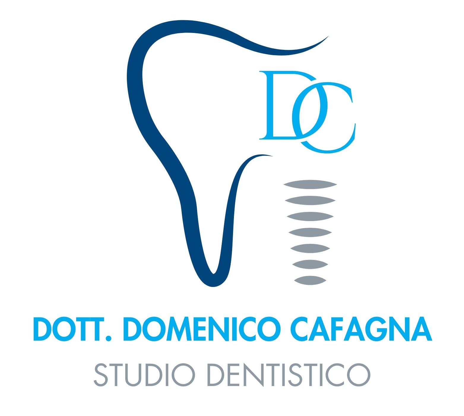 Logo per la clinica odontoiatrica del Dott. Domenico Cafagna, caratterizzato da un contorno stilizzato di un dente blu, un impianto dentale e testo blu.