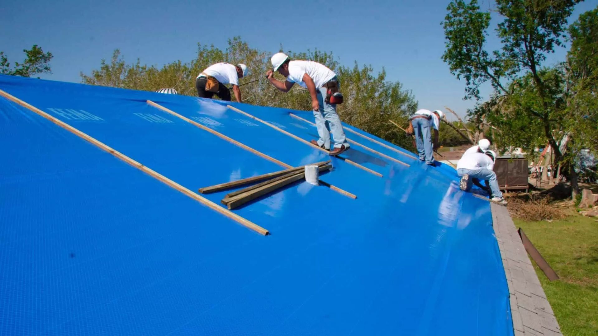 Four construction workers installing blue roofing on a building under a sunny sky.