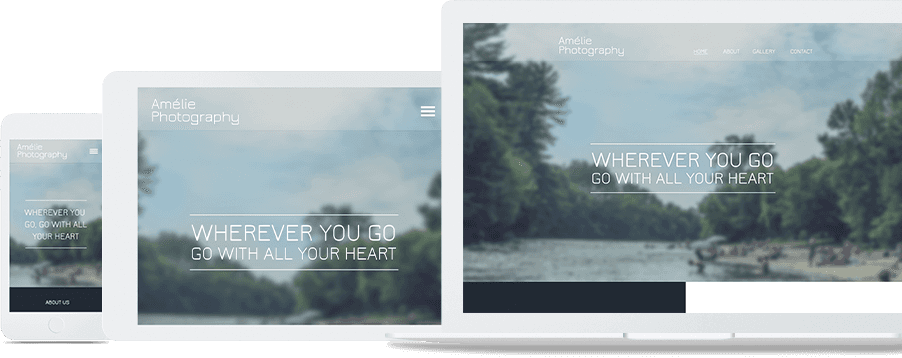 A laptop , tablet , and cell phone are displaying a website.