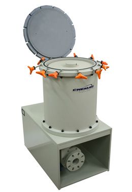 a large disc filter system with the lid open and orange handles .