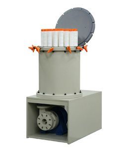 a thermoplastic cartridge filter system with a pump inside of it on a white background .