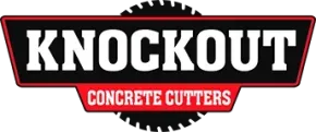 A logo for knockout concrete cutters with a saw blade