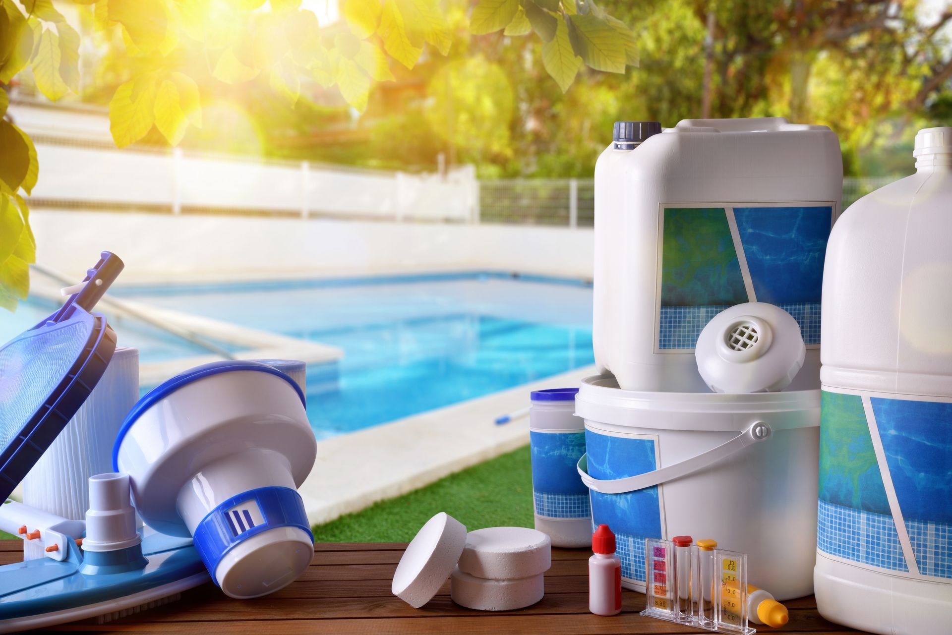 Pool cleaning supplies, including containers, a floating dispenser, and test strips, arranged before a sunny outdoor pool.