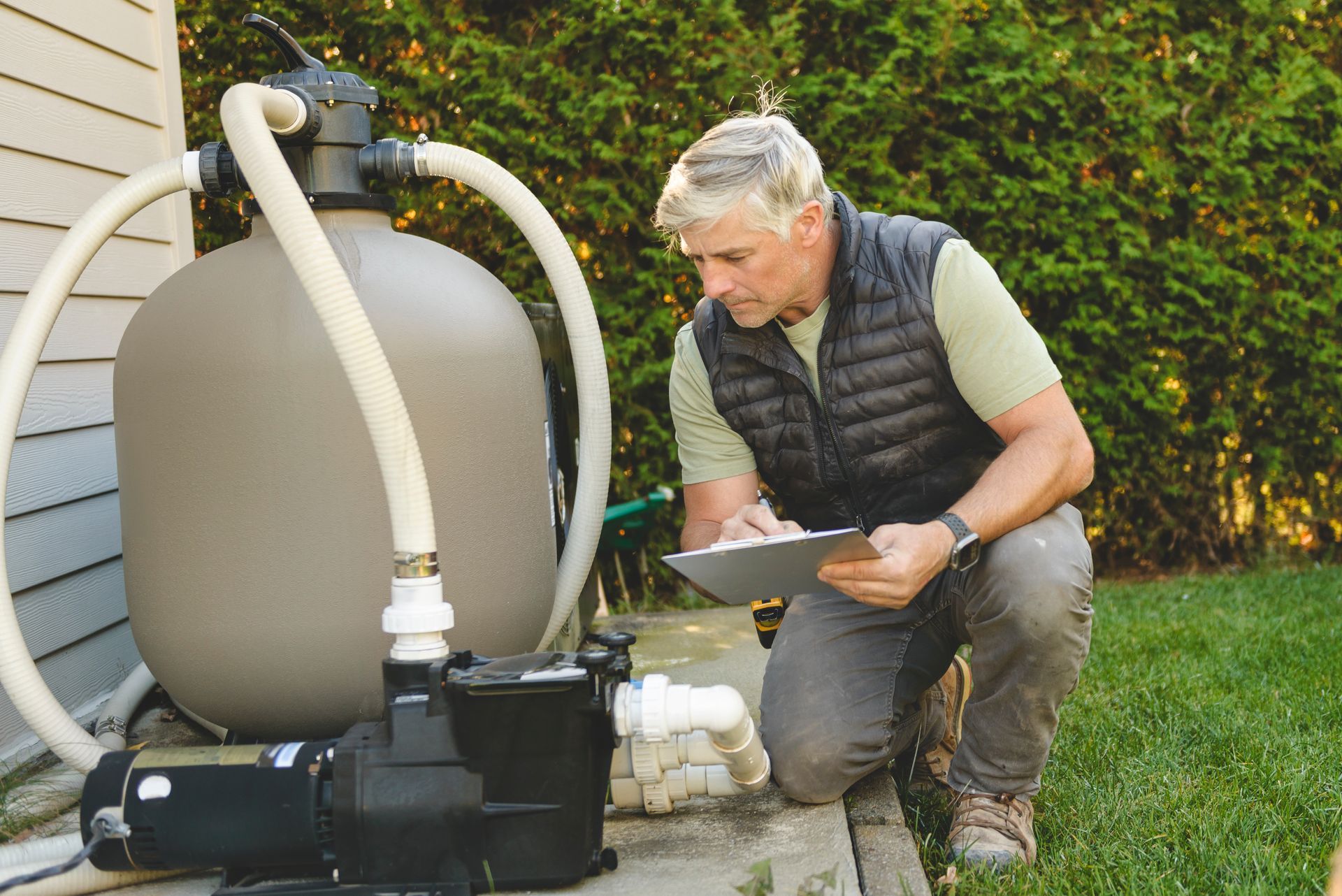 A technician kneels on a lawn, inspecting a swimming pool pump and filter system while holding a clipboard.