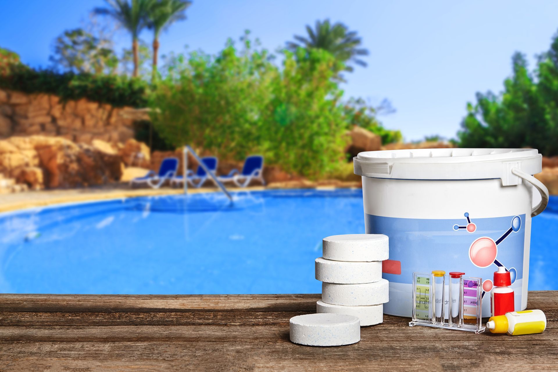 Pool chemicals and a water testing kit sit on a wooden surface in front of a blue swimming pool and lounge chairs.