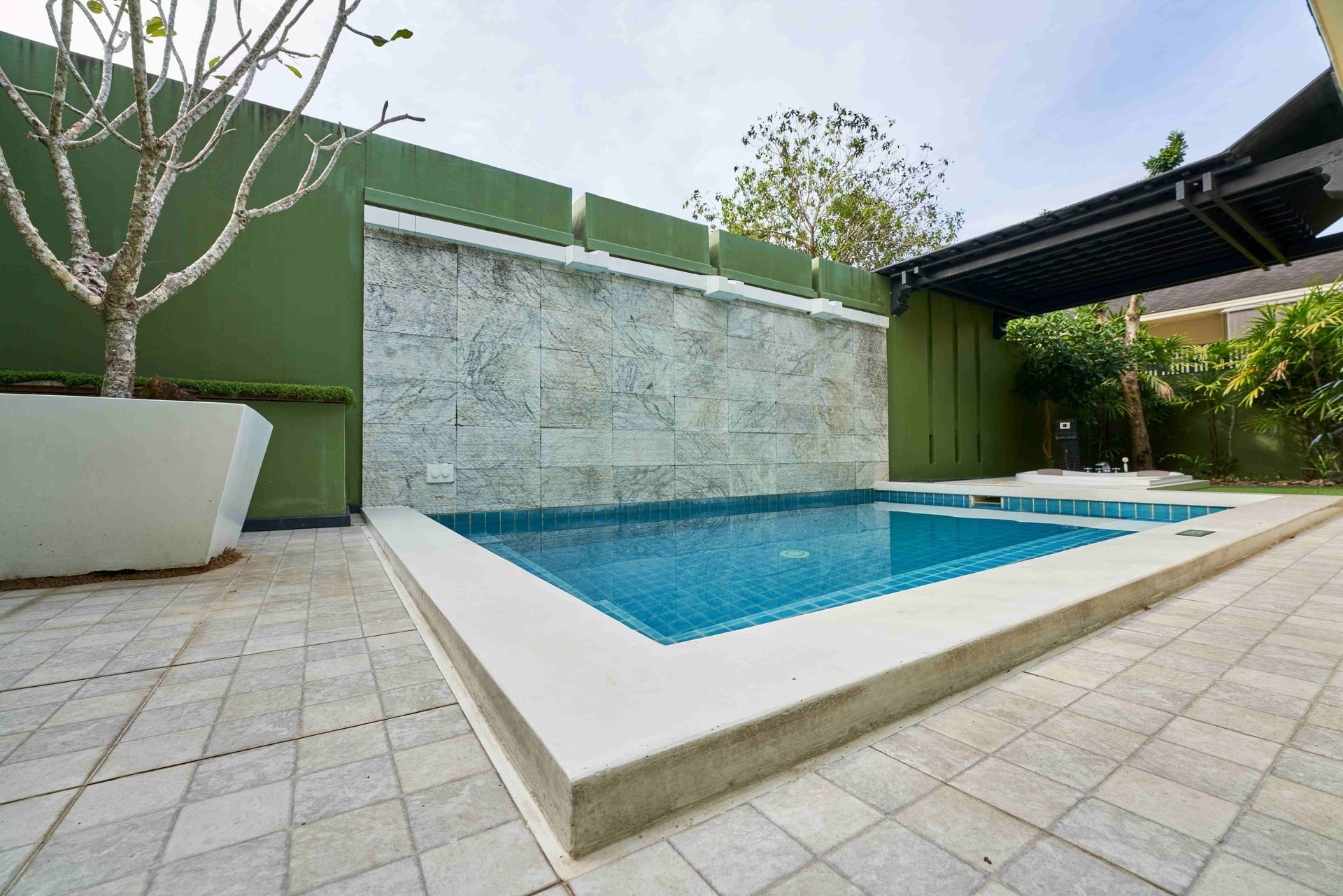 Modern courtyard with a small blue swimming pool, white tile deck, and green walls under a shaded patio.