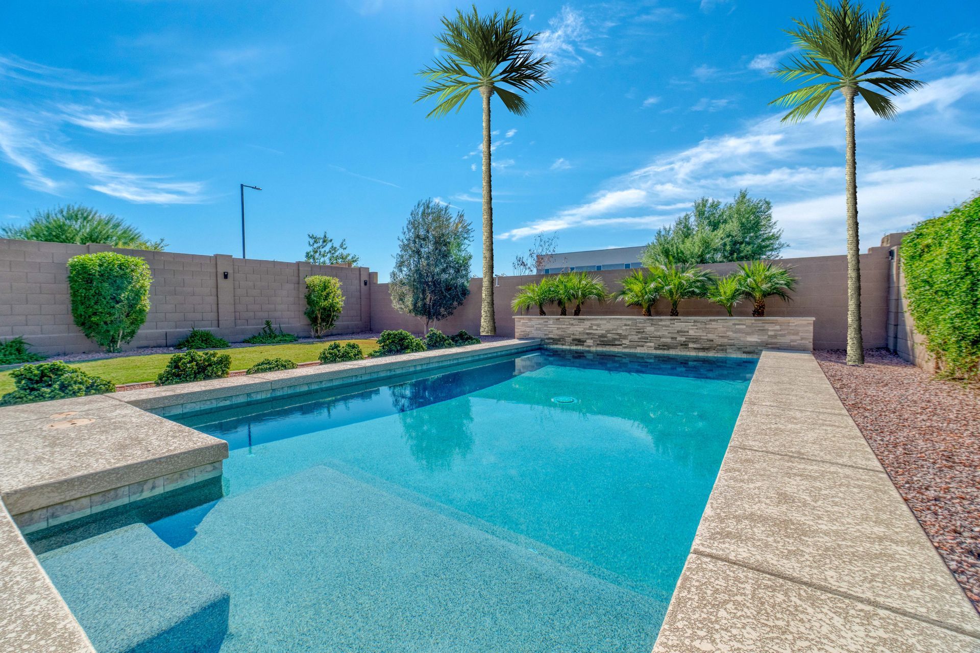 A backyard swimming pool with blue water, concrete decking, palm trees, and a tan block wall against a blue sky.