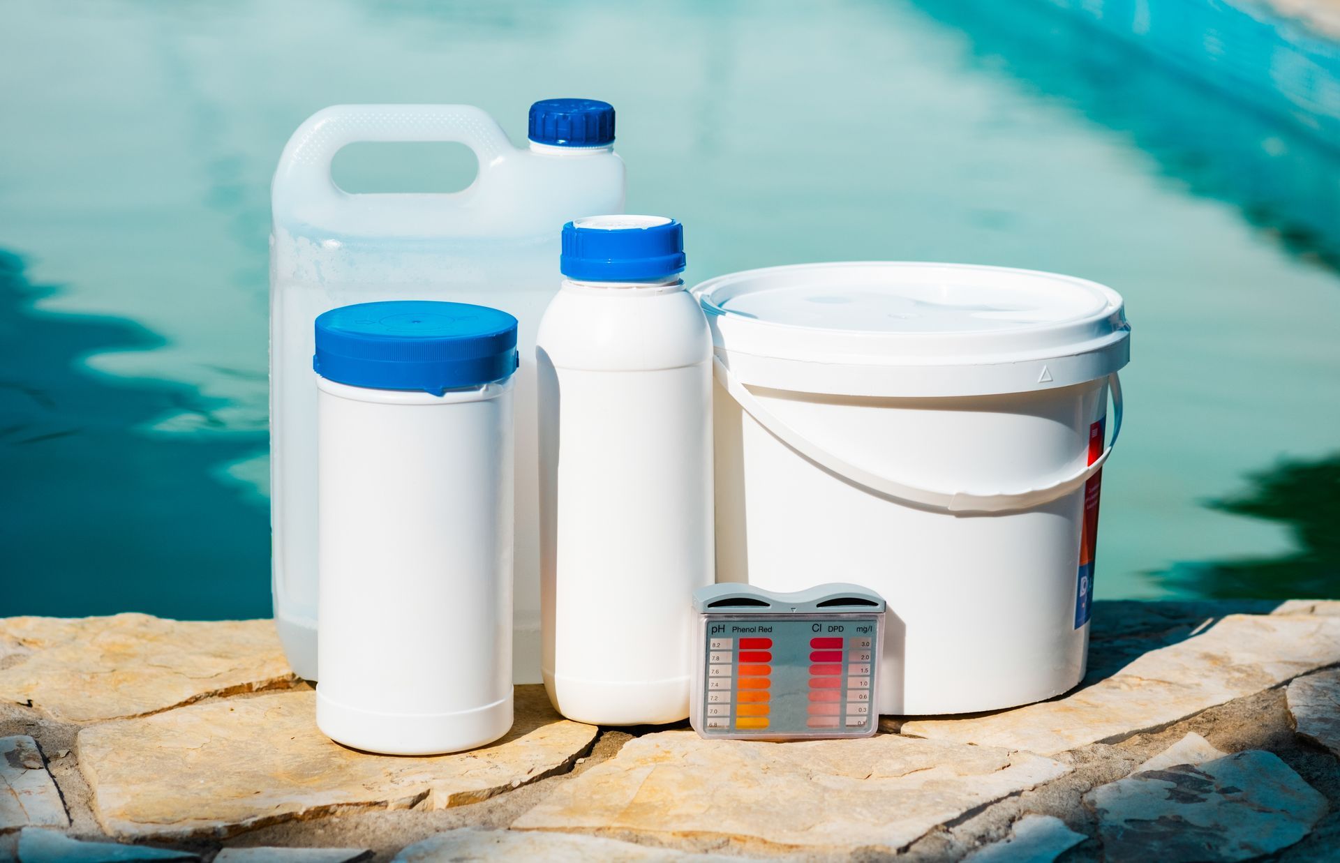 Swimming pool chemicals, including containers and a water testing kit, sitting on stone by a pool.
