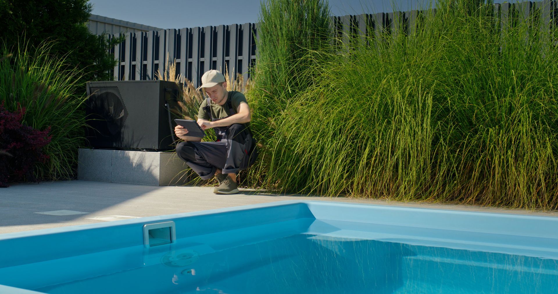 A person crouched by a bright blue pool, adjusting settings on a tablet next to a black pump unit in a garden.