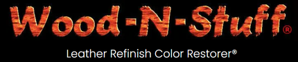 Logo for Wood-N-Stuff. Wood-grained orange text on a black background. "Leather Refinish Color Restorer" below.