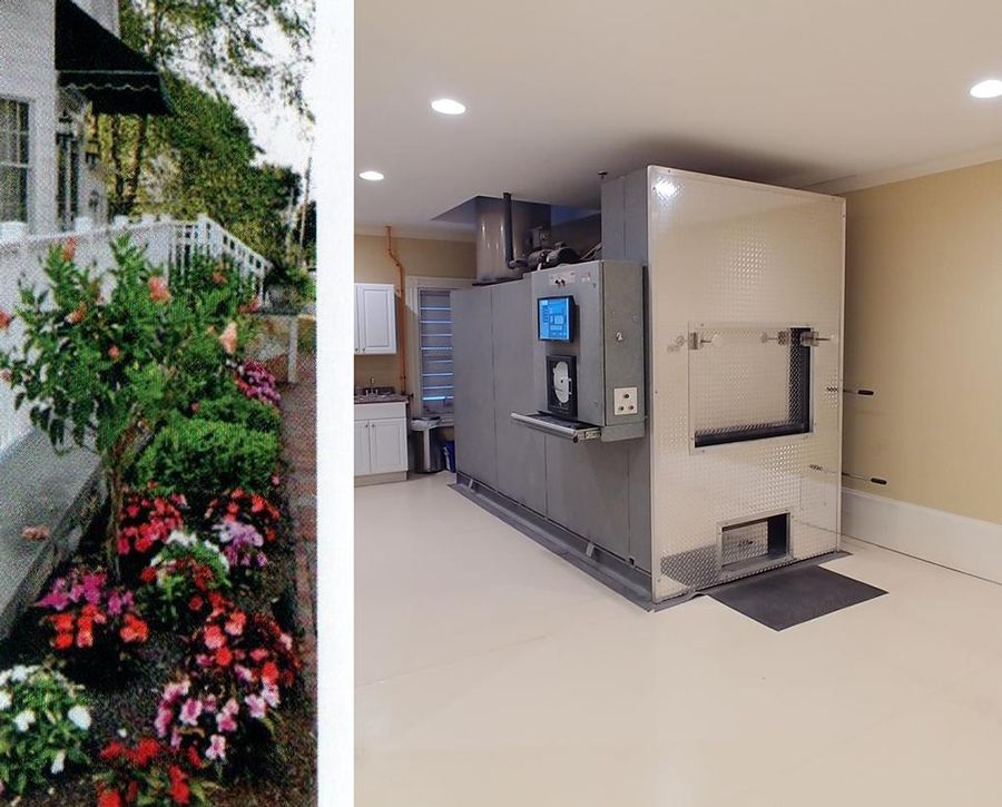 Exterior view with flowers, next to a building with a crematorium inside.