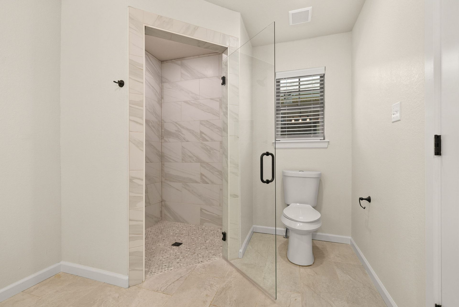 A bathroom with a toilet and a walk in shower.