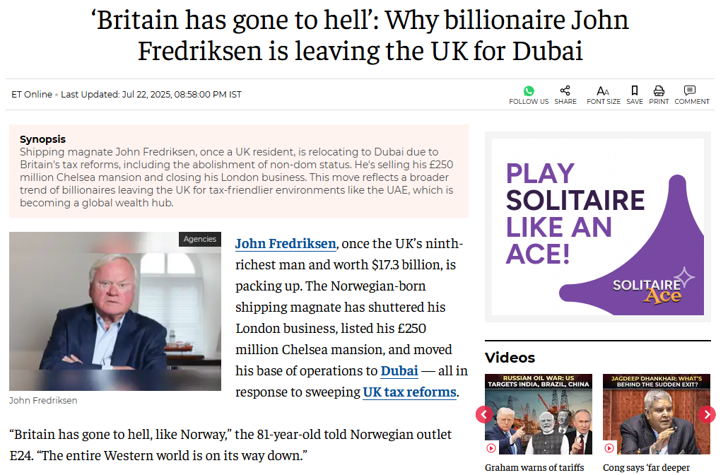 Britain has gone to hell Why billionaire John Fredriksen is leaving the UK for Dubai