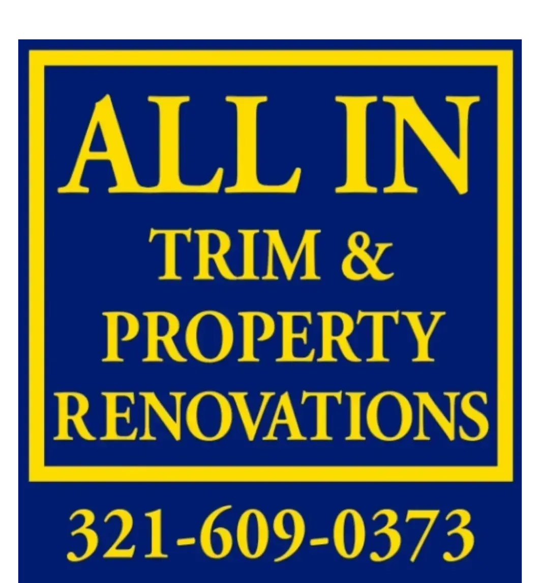 Logo for "All In Trim & Property Renovations" with yellow text on a blue background and a phone number.