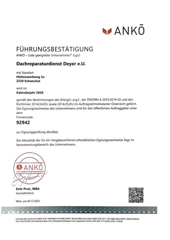 Bescheinigung der ANKŌ für den Dachreparaturdienst Deyer eU, mit Stempel und Unterschrift. Datum: 04.03.2020.