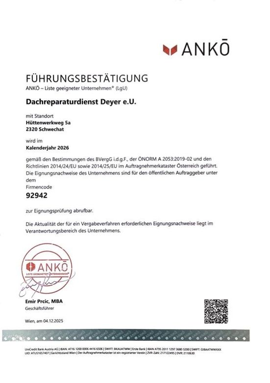 Bescheinigung der ANKŌ für den Dachreparaturdienst Deyer eU, mit Stempel und Unterschrift. Datum: 04.03.2020.