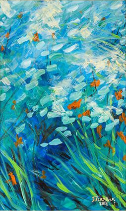 Blue and green abstract painting of flowers and grass with orange accents.