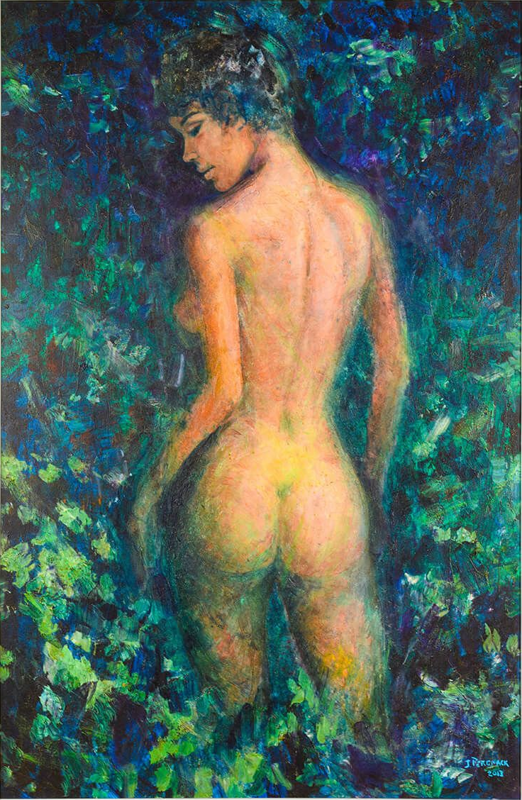 Nude figure standing in foliage, facing away. Green and blue tones dominate.