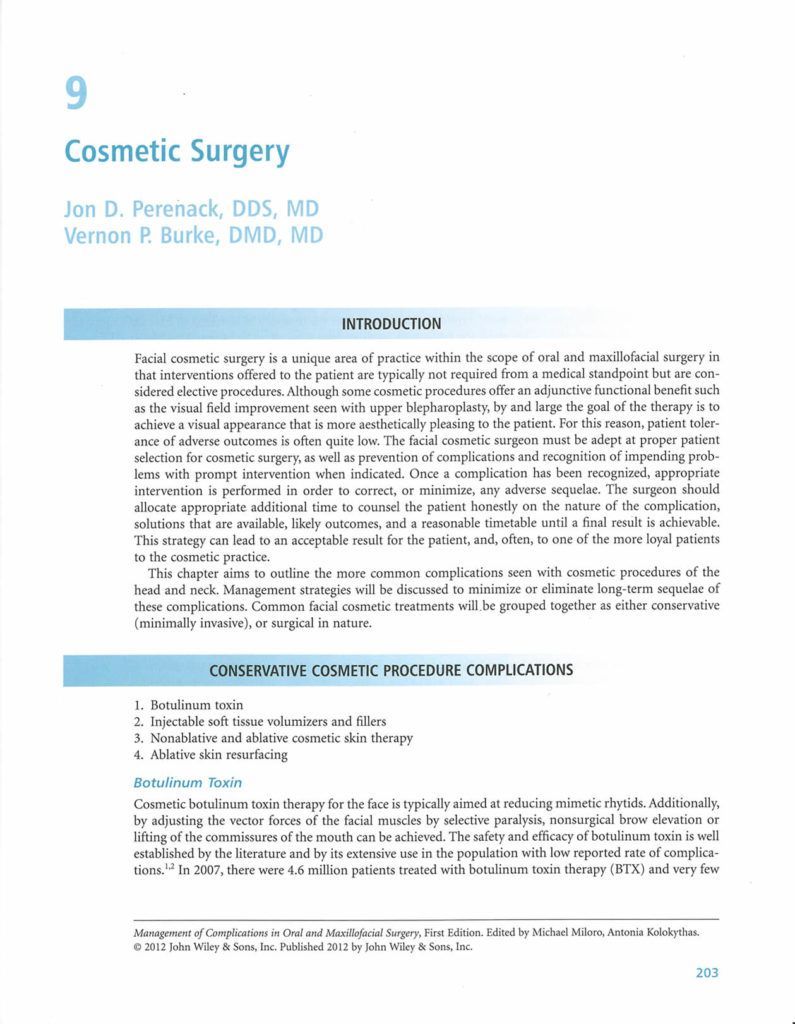 Page from a medical textbook titled “Cosmetic Surgery,” by Jon D. Perereck, DDS, MD and Vernon E. Burke, DMD, MD.