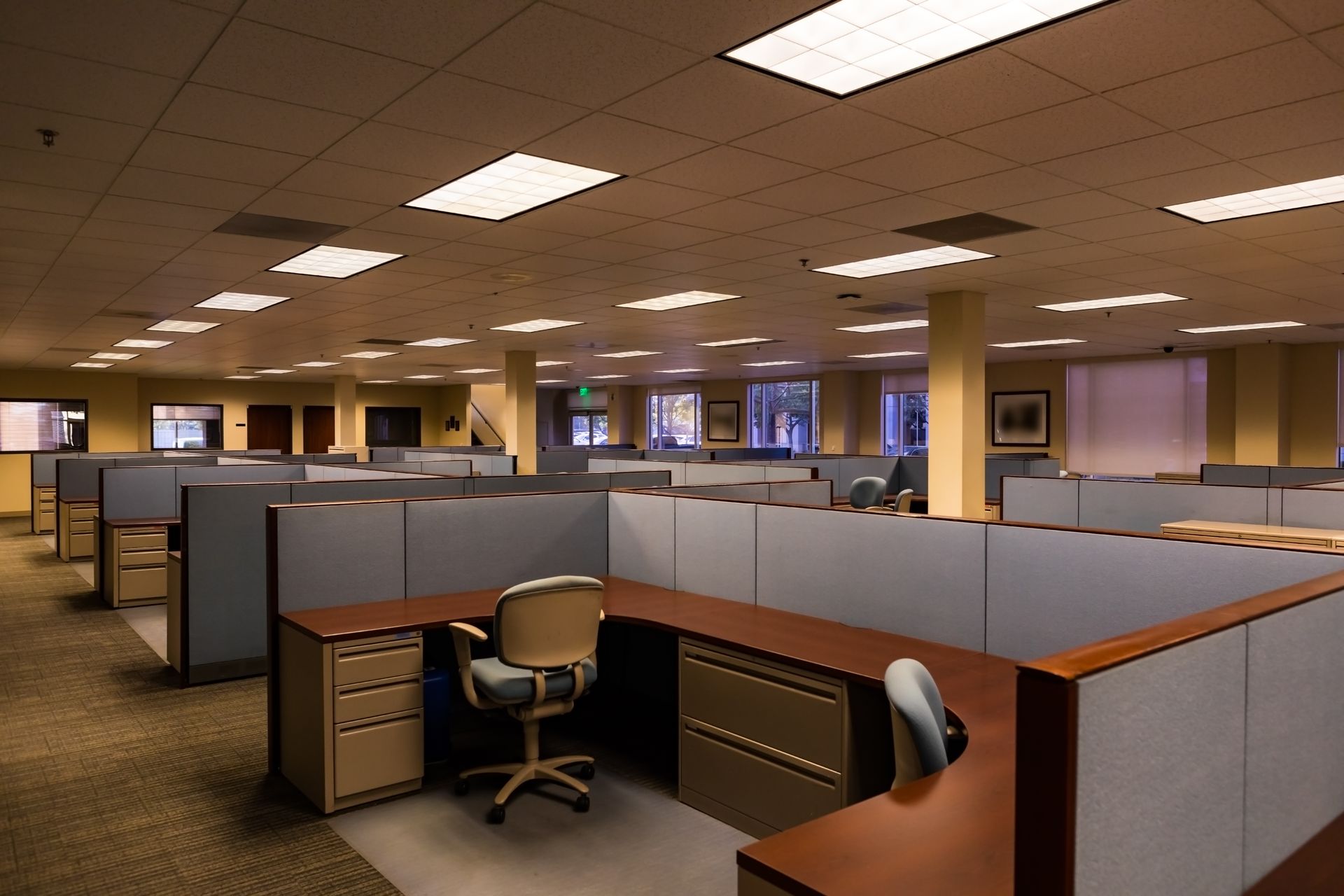 An empty, open-plan office space featuring rows of gray cubicles with wooden desks and rolling office chairs.