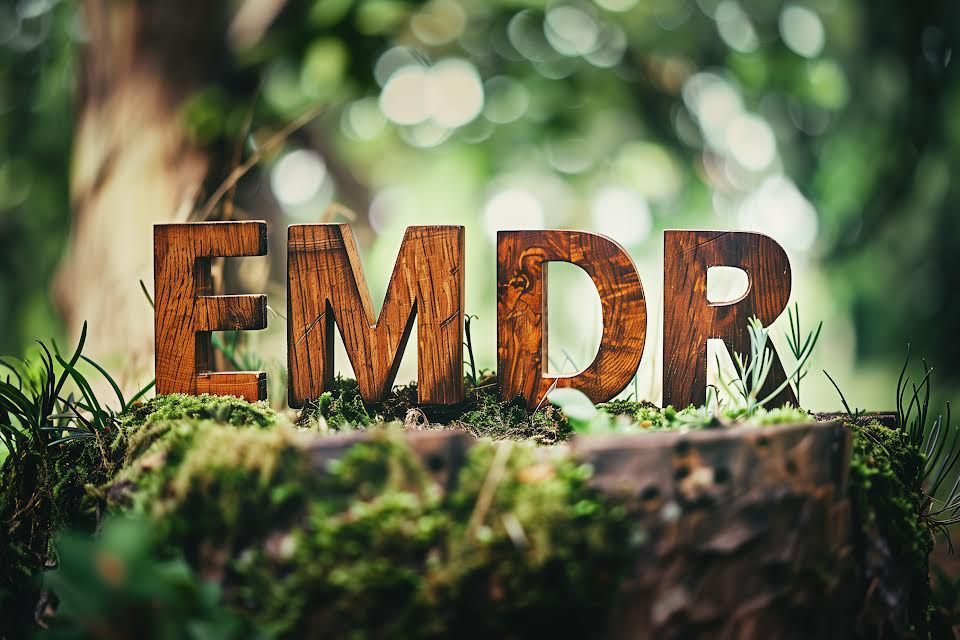 The word emdr is made of wood and is sitting on a mossy stump.