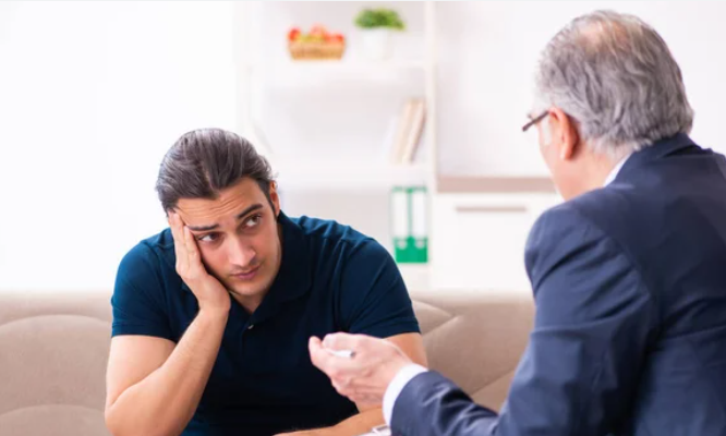 A man and a woman are sitting on a couch talking to each other.