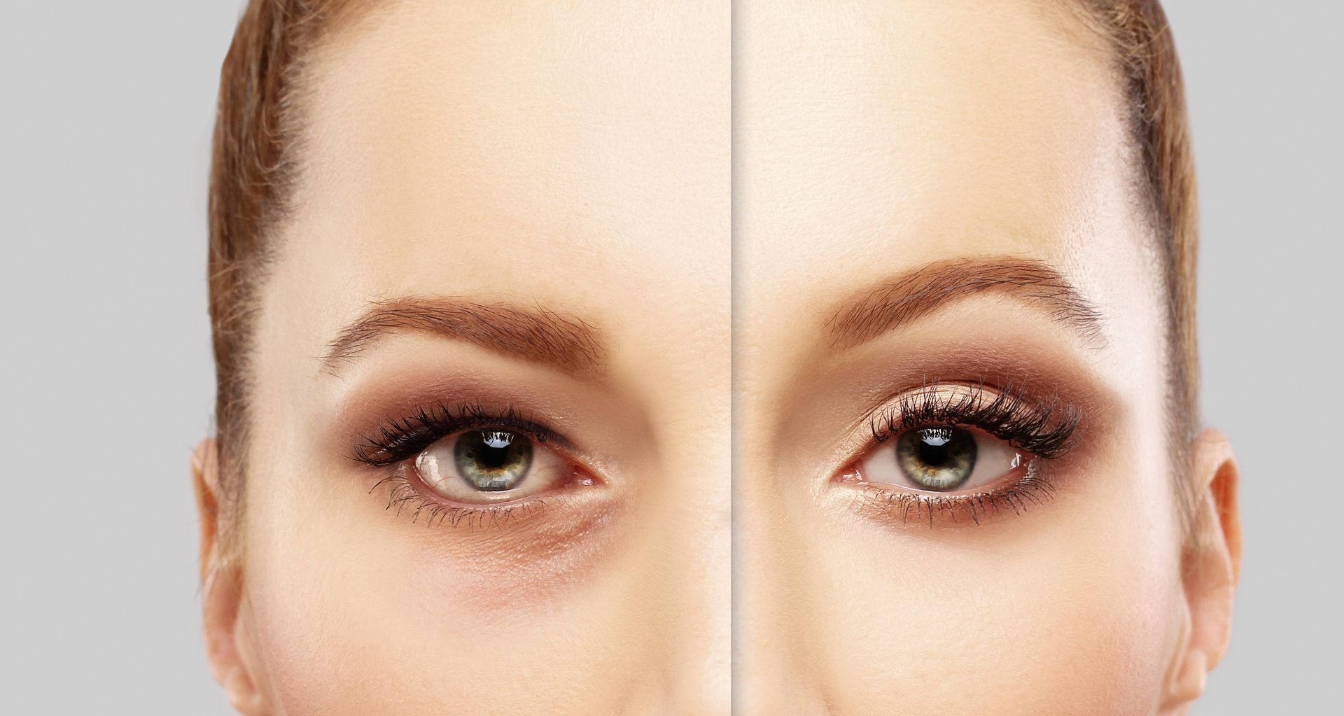 Close-up of eyes with makeup, split down the middle comparing before and after results