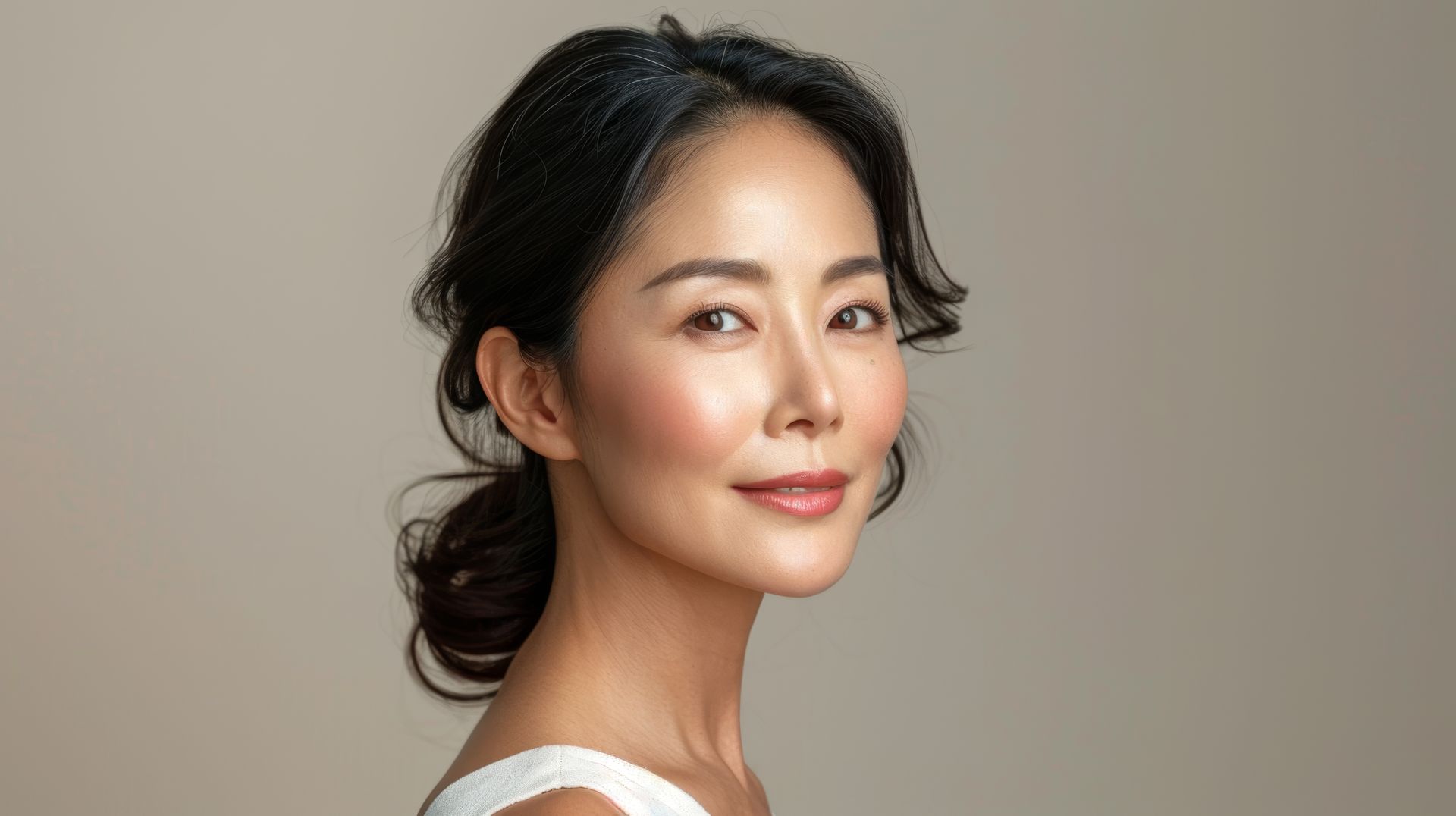 Portrait of a woman with dark hair in a white top, smiling softly against a neutral background