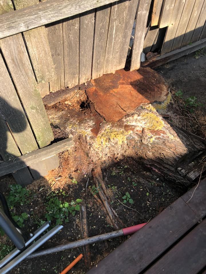 A wooden fence with a hole in it next to a wooden deck.