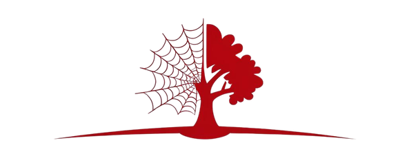 A red tree with a spider web covering half of it.