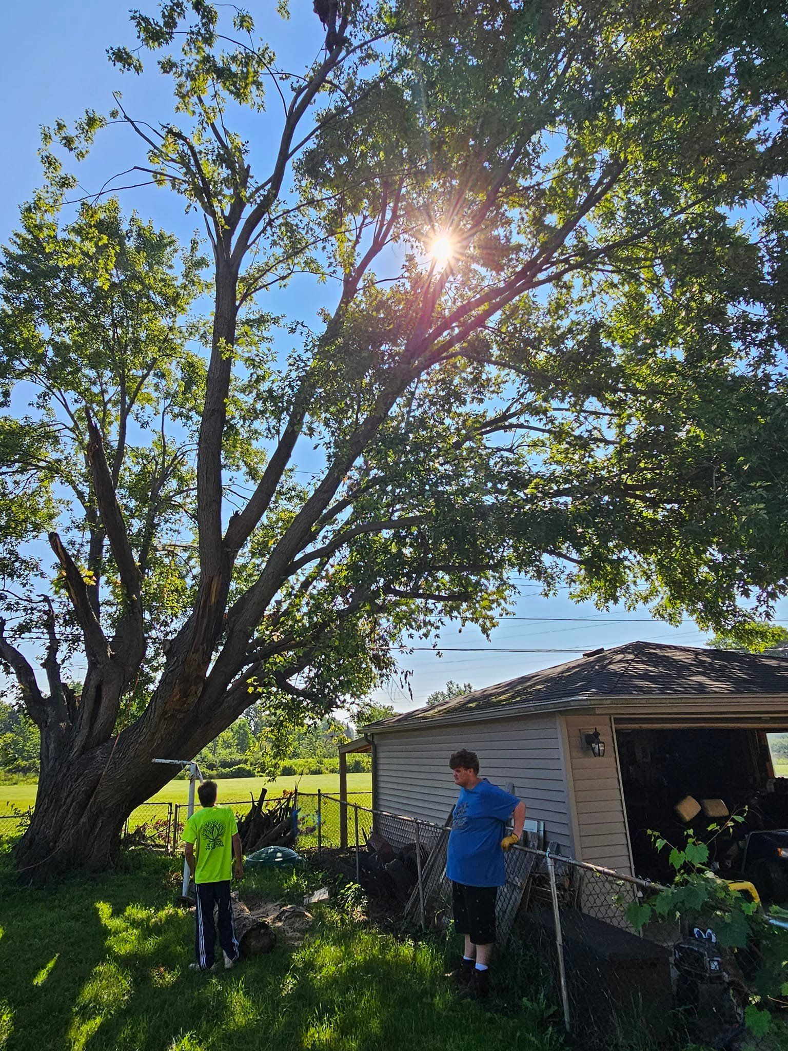 A man is standing under a tree in front of a garage.