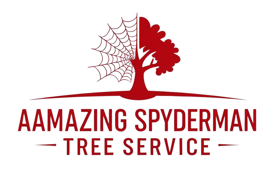 The logo for a amazing spiderman tree service shows a tree with a spider web on it.