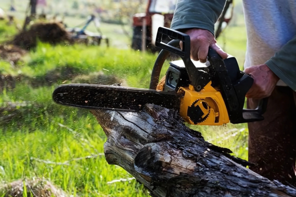 A man is cutting a log with a chainsaw.