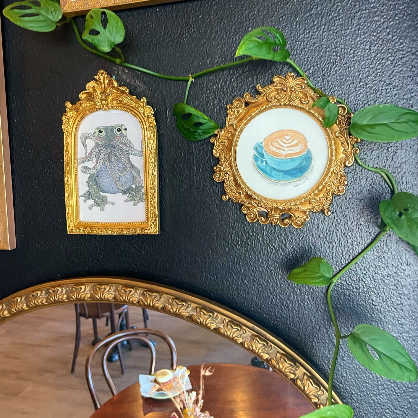Gold-framed Art With a Frog and Coffee — Drop In Espresso Bar in Wallsend, NSW