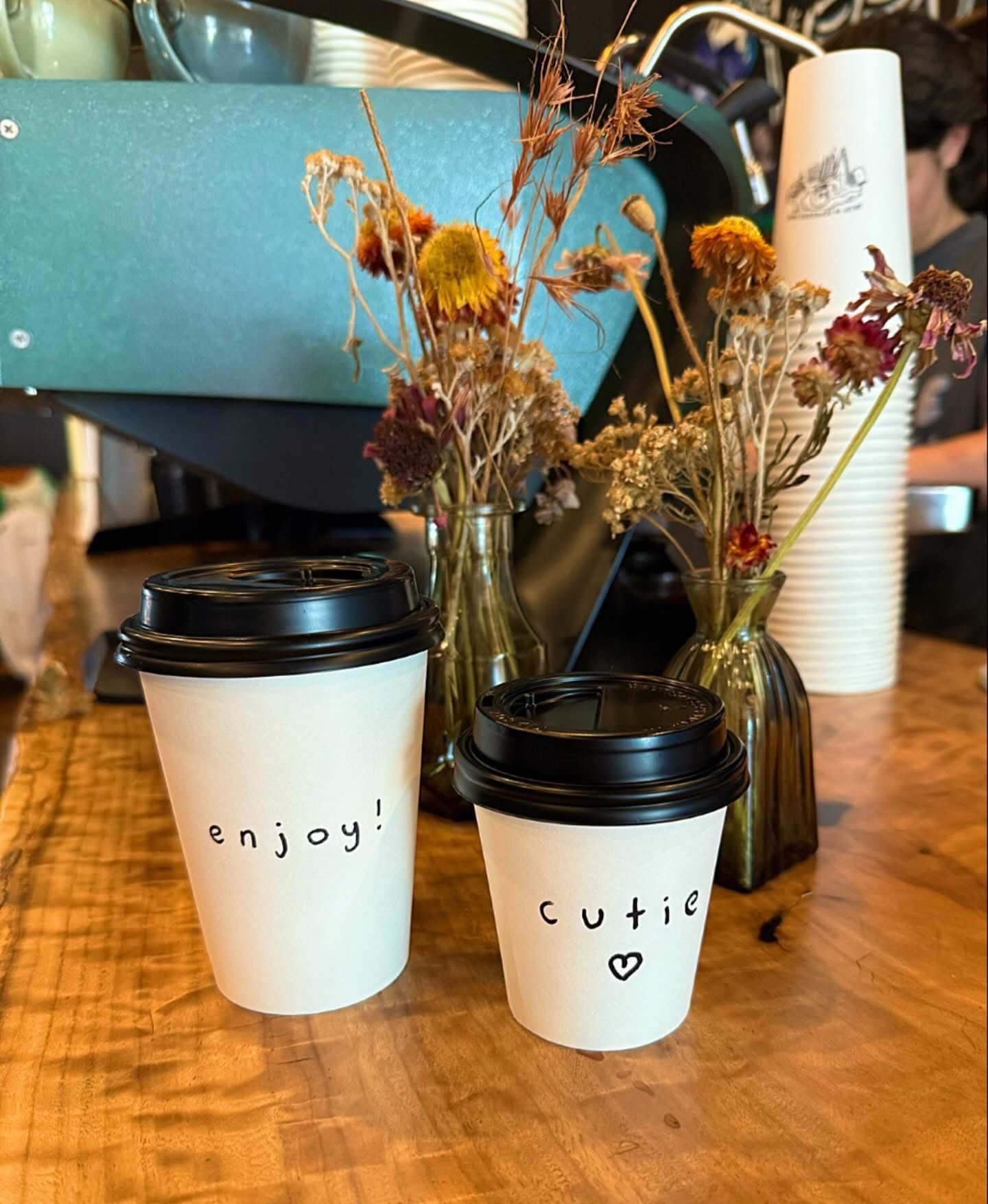Two coffee cups with black lids on a wooden surface, next to flower vases. One cup says