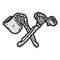Crossed skeleton arms holding a mug and a coffee tamper, black outline — Drop In Espresso Bar in Wallsend, NSW